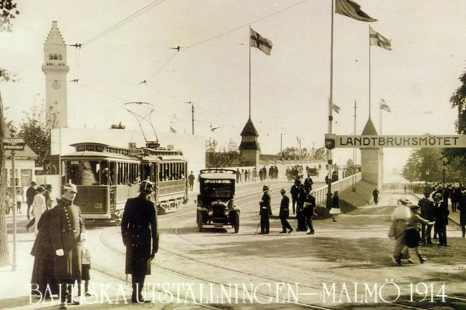 Postcard: Malmö special event line X2 with sidecar 139 by Utställningen (1914)