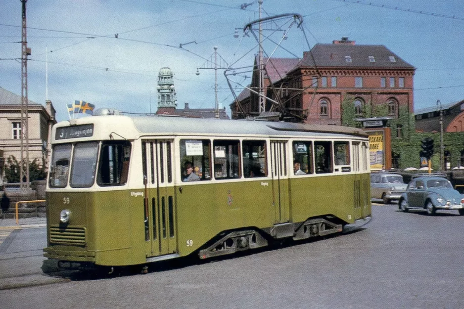 Postcard: Malmö tram line 3 with railcar 59 close by Centralstationen (1961)