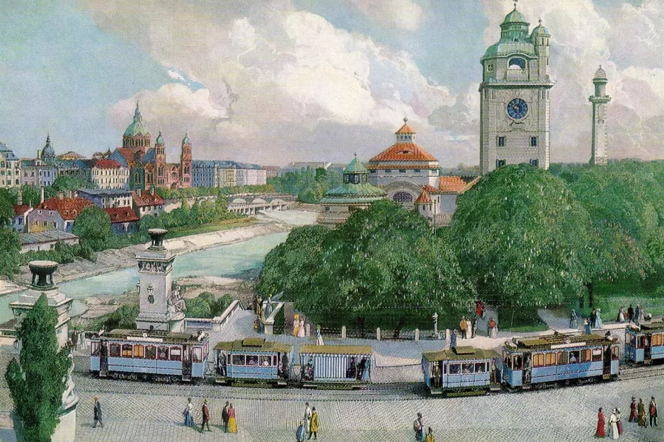 Postcard: Munich tram line 1 on Ludwigsbücke (1906)