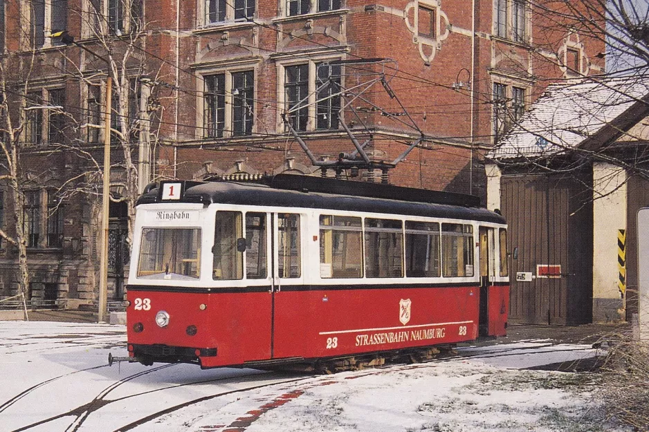 Postcard: Naumburg (Saale) railcar 23 in front of Naumburger Straßenbahn (1995)