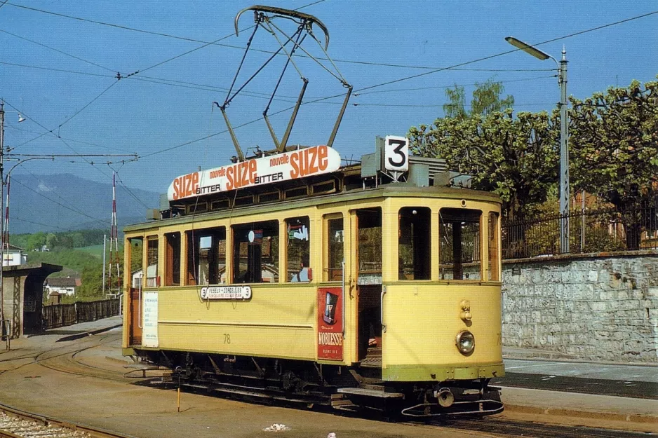 Postcard: Neuchâtel tram line 3 with railcar 78 near Corcelles (1972)