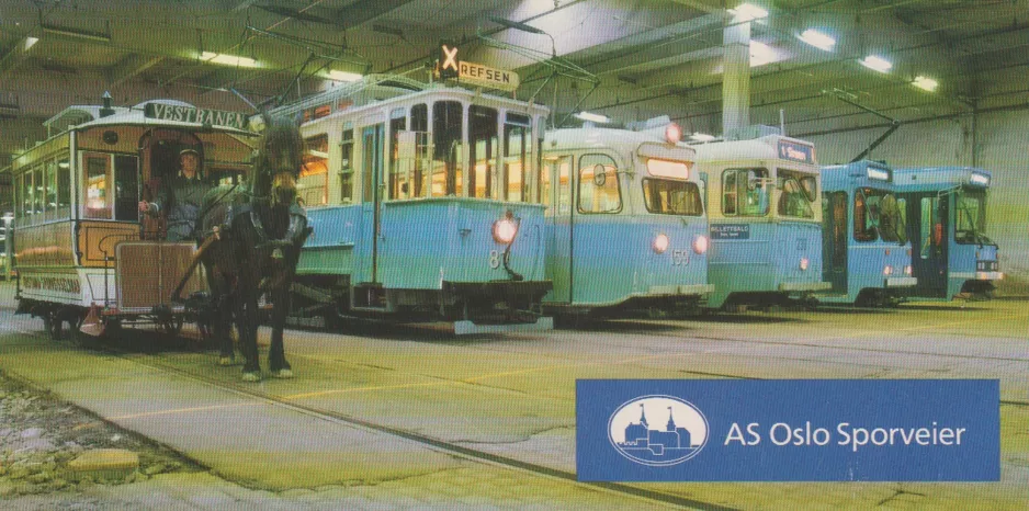 Postcard: Oslo museum tram 6 inside Grefen trikkebase (1990)