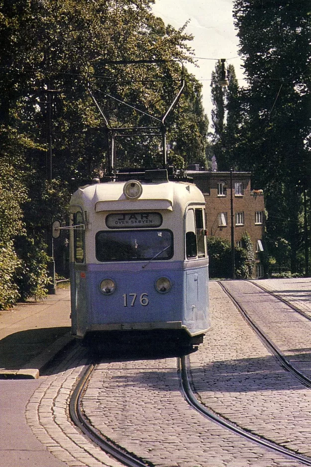 Postcard: Oslo tram line 9 with railcar 176 near Nobels gate (1969)