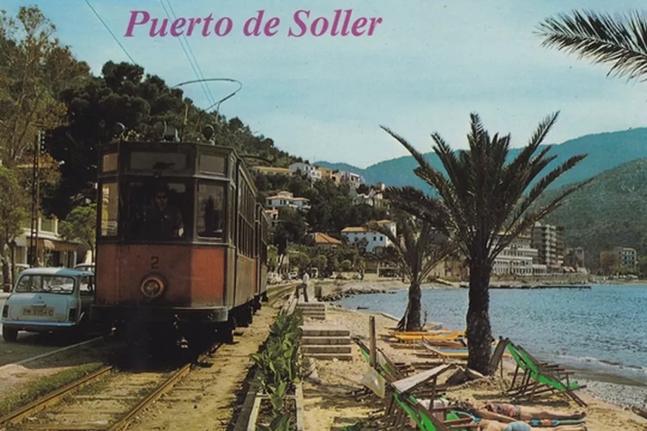 Postcard: Sóller tram line with railcar 2 in Port de Sóller (1963)