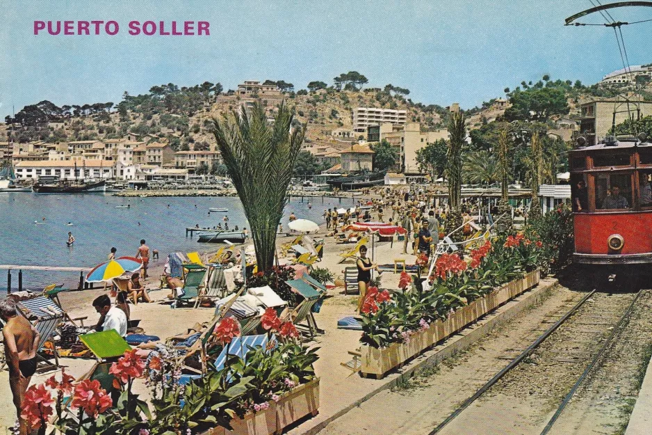 Postcard: Sóller tram line with railcar 2 in Port de Sóller (1965)