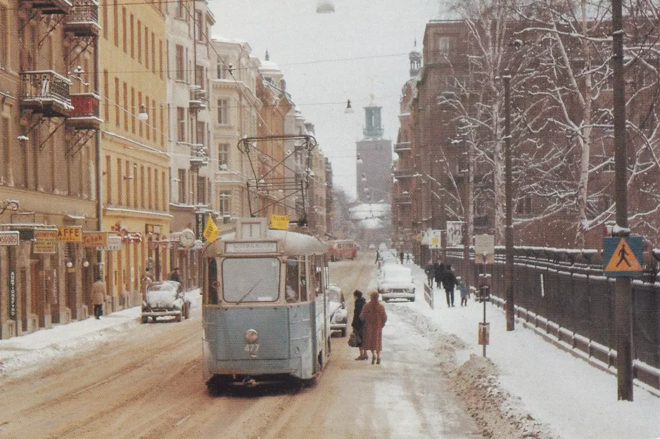 Postcard: Stockholm tram line 1 with railcar 477 at Pilgatan (1963)