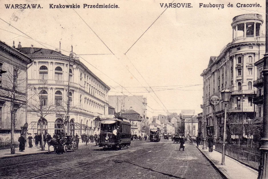 Postcard: Warsaw tram line 9 with railcar 107 on Krakowskie Przedmieście (1908)