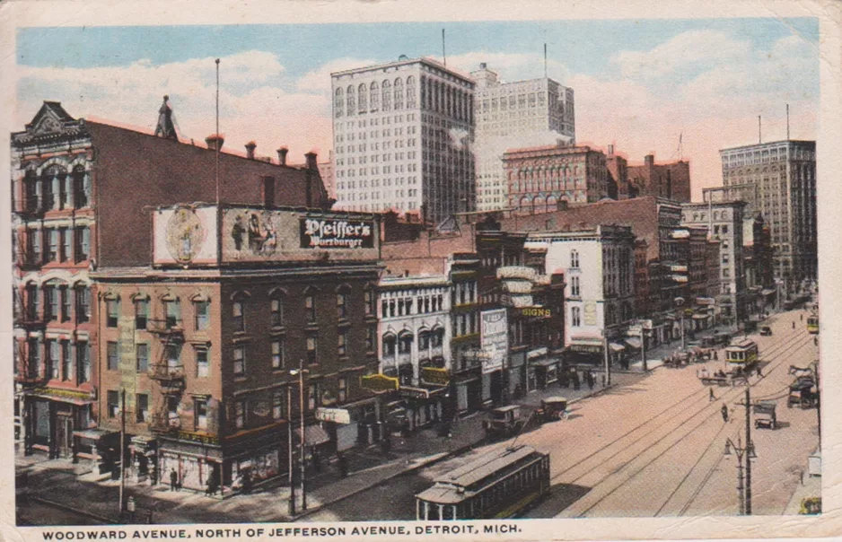 Postcard: Woodward Avenue, North of Jefferson Avenue. Detroit. Mich. (1928)