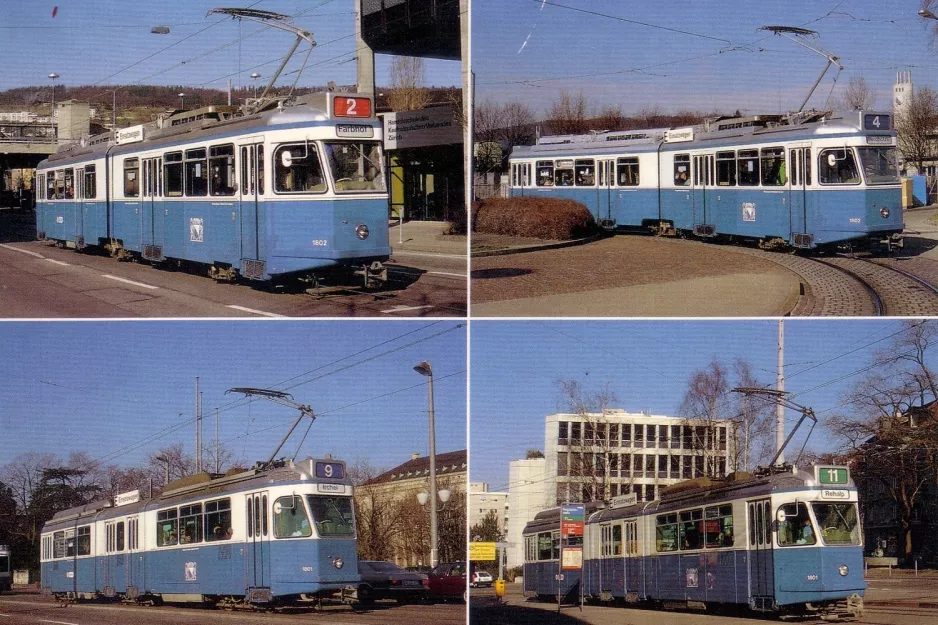 Postcard: Zürich tram line 2 with articulated tram 1802 (1990)