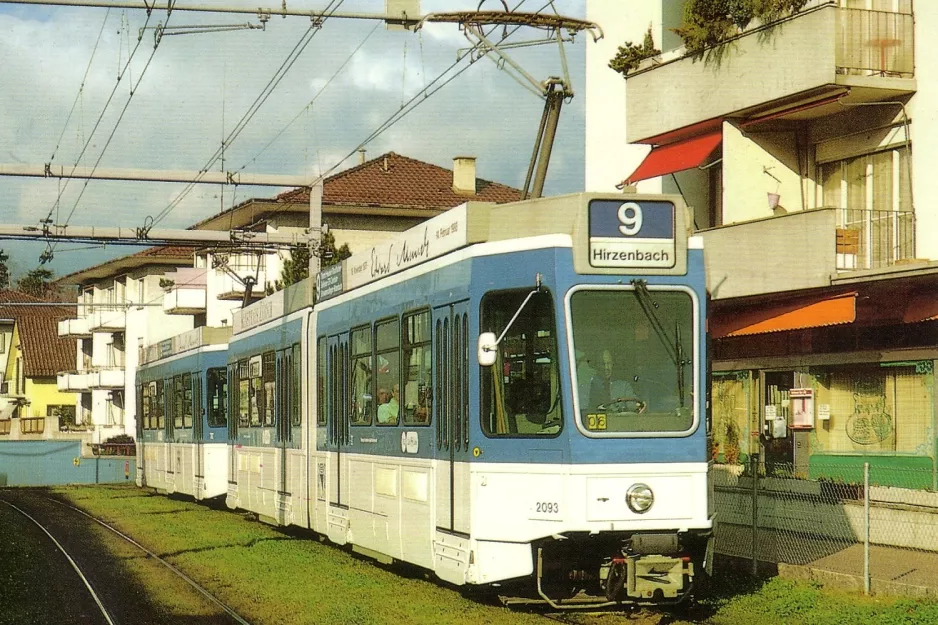 Postcard: Zürich tram line 9 with articulated tram 2093 near Schwamendingen (1988)