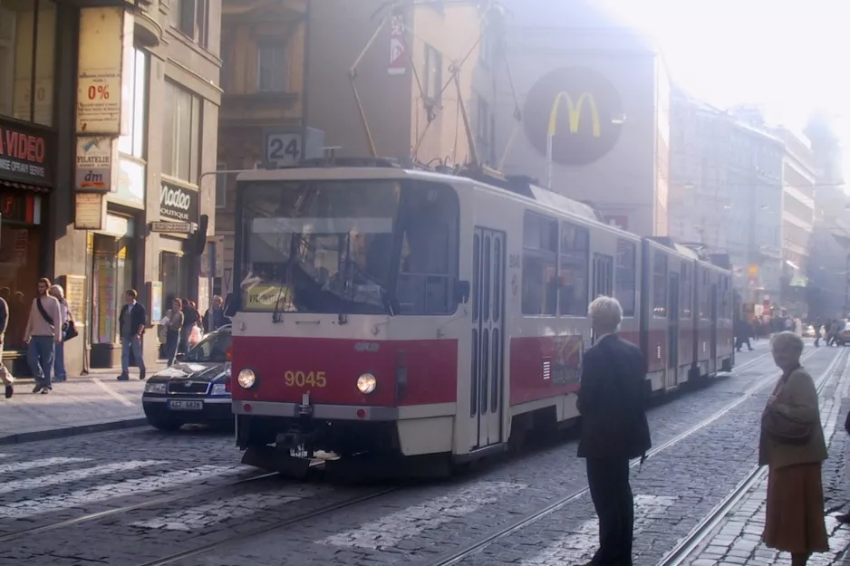 Prague tram line 14 with articulated tram 9045 on Vodičkova (2005)