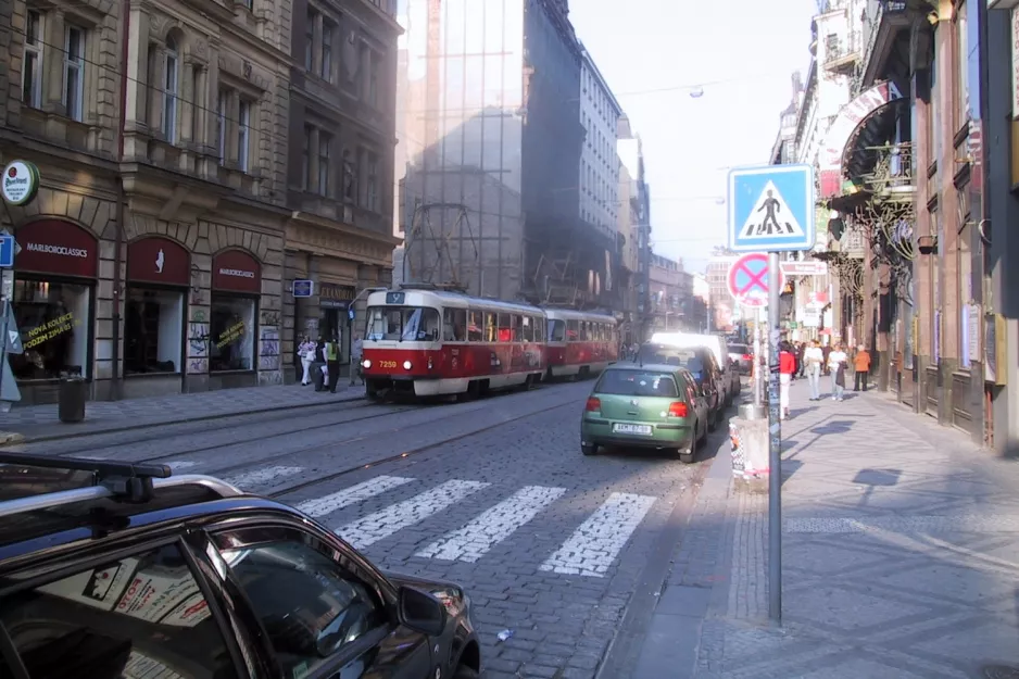 Prague tram line 9 with railcar 7259 on Lazarská (2005)