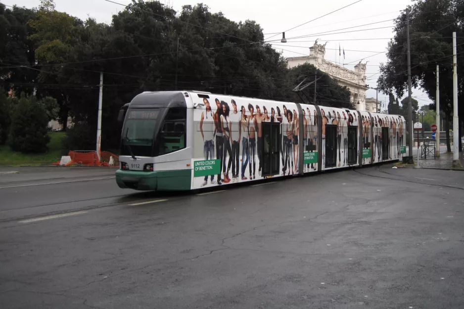 Rome tram line 19 with low-floor articulated tram 9112, the back Valle Giulia (2010)