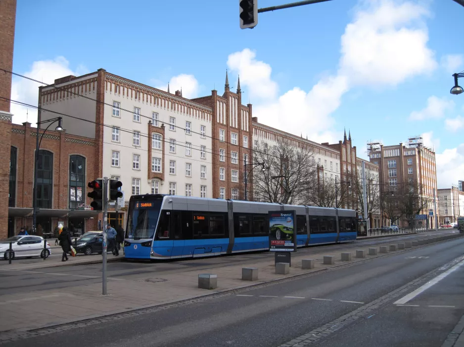 Rostock extra line 2 with low-floor articulated tram 601 at Lange Str. (2015)