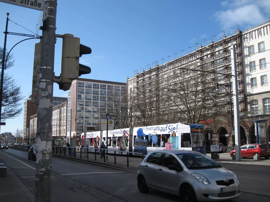 Rostock extra line 2 with low-floor articulated tram 651 at Lange Straße (2015)