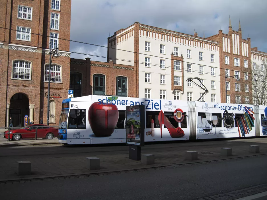 Rostock extra line 2 with low-floor articulated tram 651 on Lange Straße (2015)