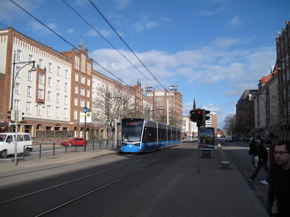 Rostock tram line 1 with low-floor articulated tram 603 at Lange Straße (2015)