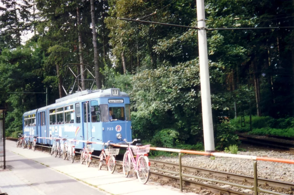 Rostock tram line 11 with articulated tram 722 at Neuer Friedhof (1993)