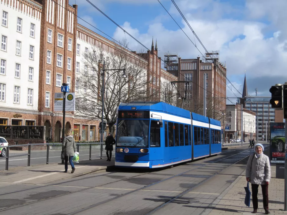 Rostock tram line 5 with low-floor articulated tram 681 at Lange Str. (2015)