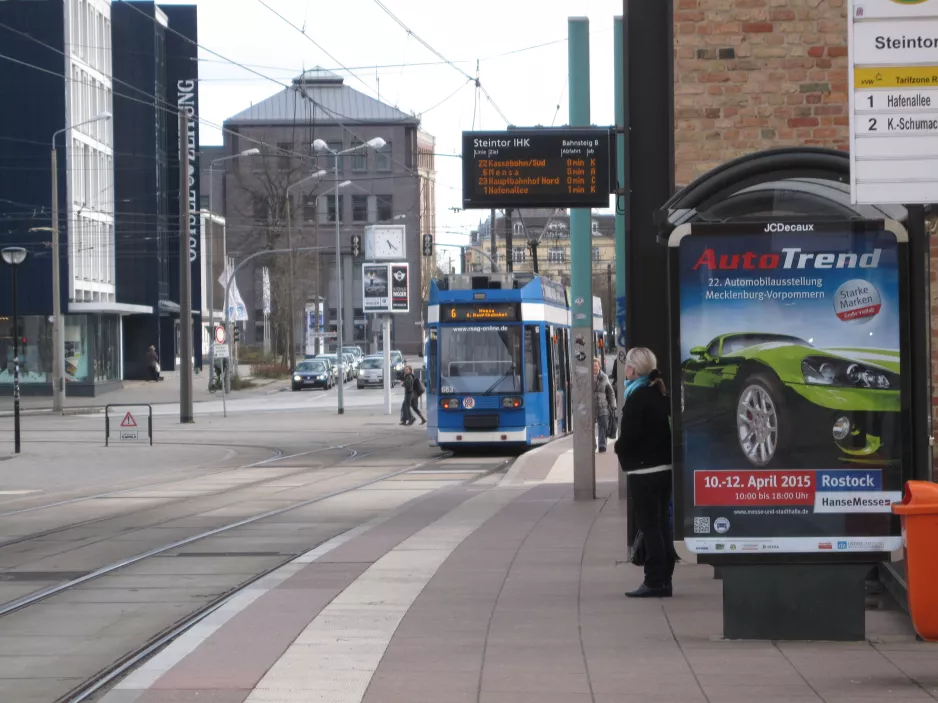 Rostock tram line 6 with low-floor articulated tram 663 at Steintor IHK (2015)