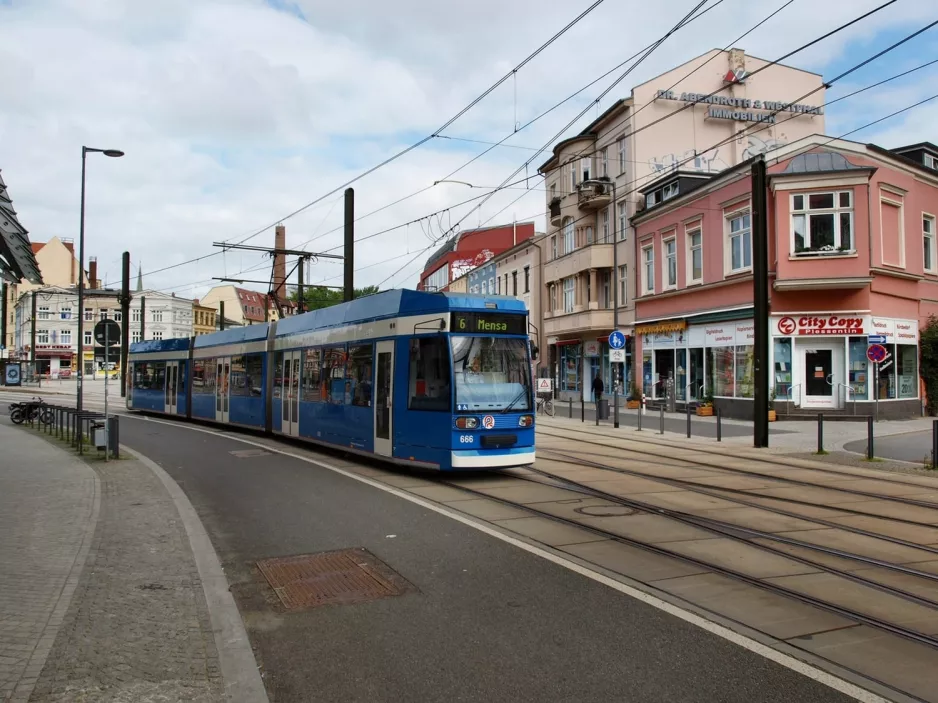 Rostock tram line 6 with low-floor articulated tram 666 at Doberaner Platz (2010)