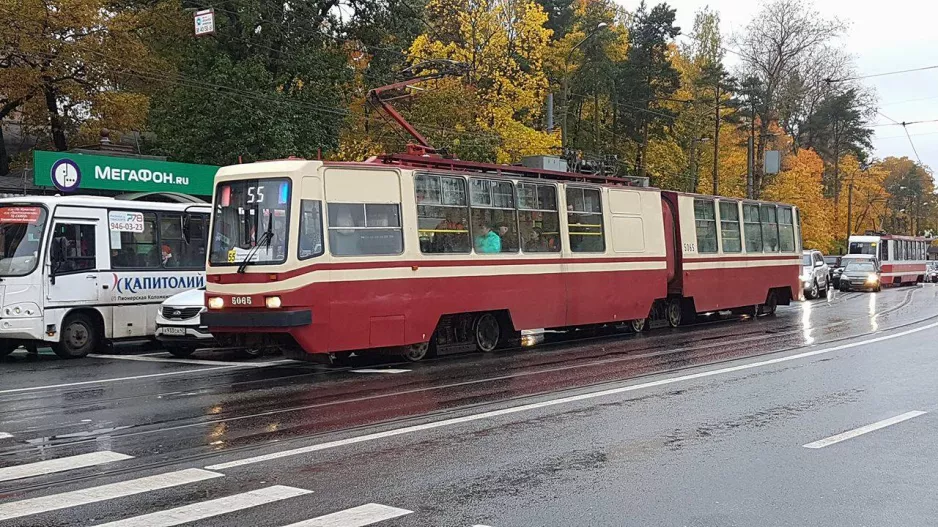 Saint Petersburg tram line 55 with articulated tram 5065 at Metro Politekhnicheskaya (2017)