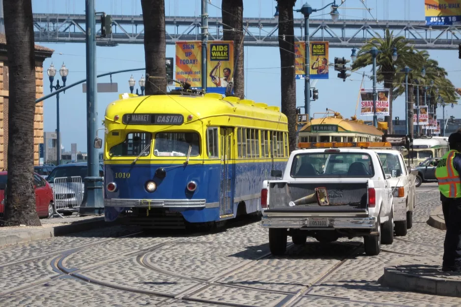 San Francisco F-Market & Wharves with railcar 1010 near Embarcadero & Stockton (2010)