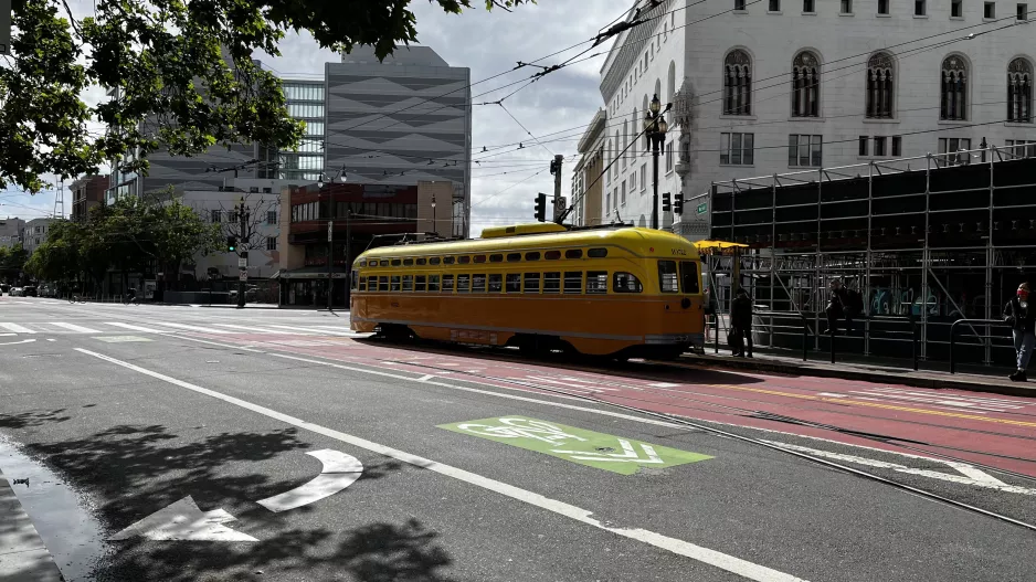 San Francisco F-Market & Wharves with railcar 1052 in the intersection Market Street & Larkin Street (2022)