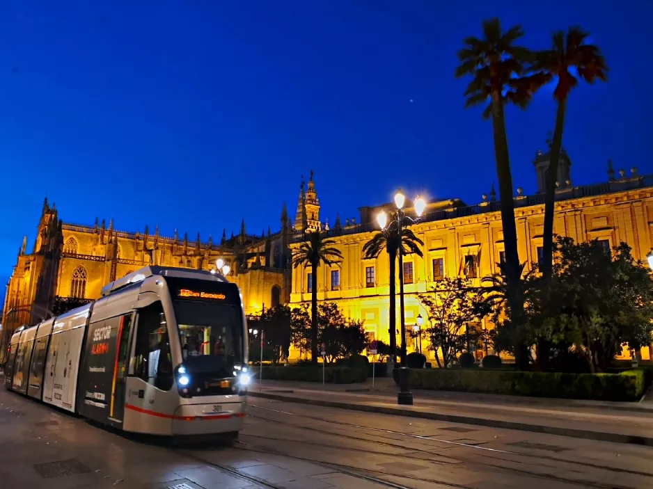 Seville tram line T1 with low-floor articulated tram 301 on Calle San Fernando (2023)