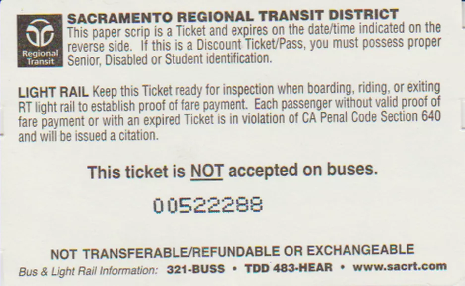 Single ticket for Sacramento Regional Transit District (SacRT), the back (2019)