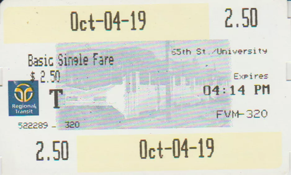 Single ticket for Sacramento Regional Transit District (SacRT), the front (2019)