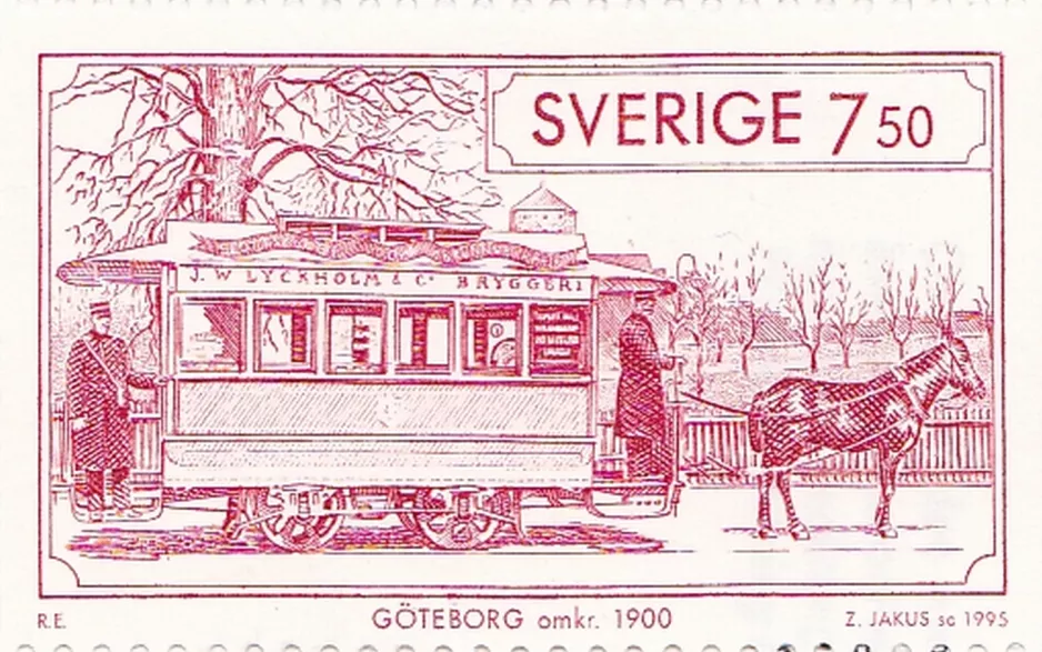 Stamp: Gothenburg horse tram line with horse-drawn tram on Södra Allégatan (1995)