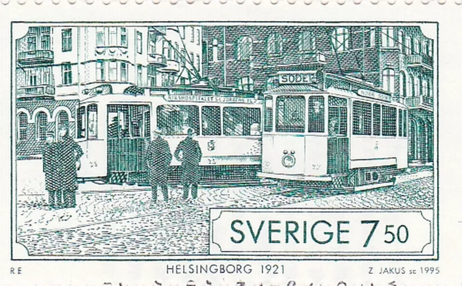 Stamp: Helsingborg tram line 5 on S:T Jörgens Plads (1995)