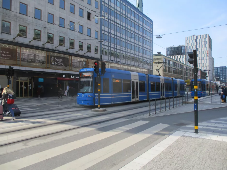 Stockholm tram line 7S Spårväg City with low-floor articulated tram 4 on Sergels torg (2019)