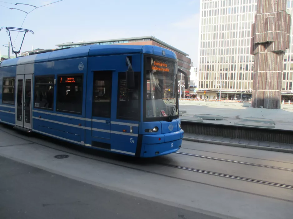 Stockholm tram line 7S Spårväg City with low-floor articulated tram 5 on Sergels Torv (2019)