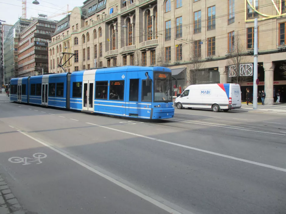 Stockholm tram line 7S Spårväg City with low-floor articulated tram 6 on Hamngaten (2019)