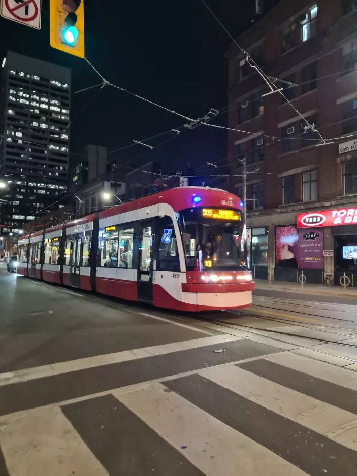 Toronto tram line 505 Dundas with low-floor articulated tram 4515 on Dundas Street West (2022)