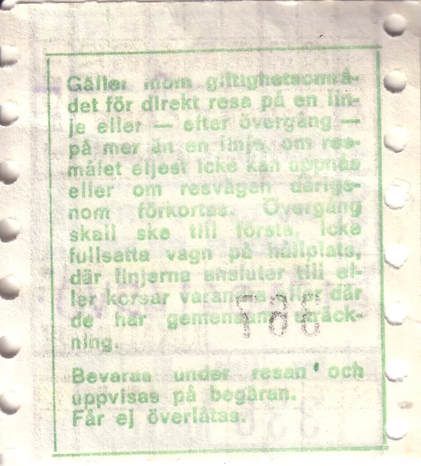 Transfer ticket for Malmö Lokaltrafik (ML), the back (1971-1973)