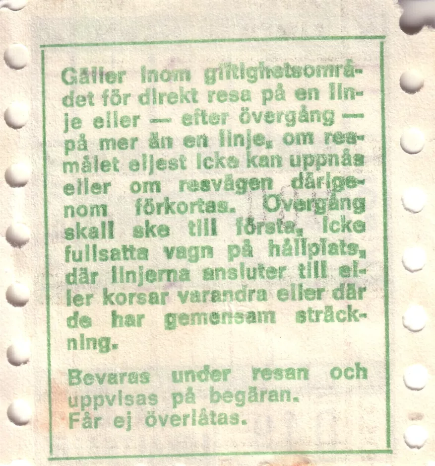 Transfer ticket for Malmö Lokaltrafik (ML), the back (1971)