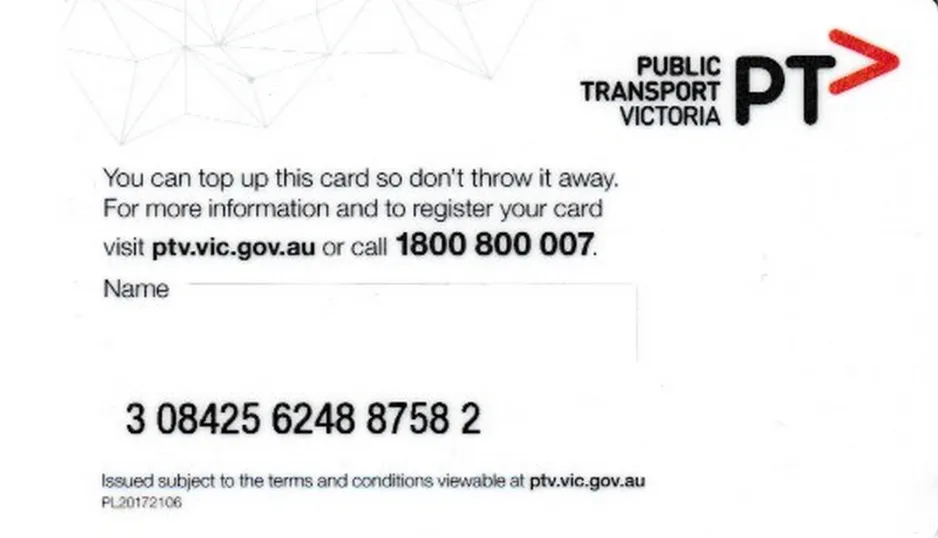 Travel card for Yarra Trams in Melbourne, the back (2024)