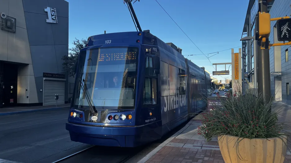 Tucson Sun Link with low-floor articulated tram 103 at Congress / Stone (2024)