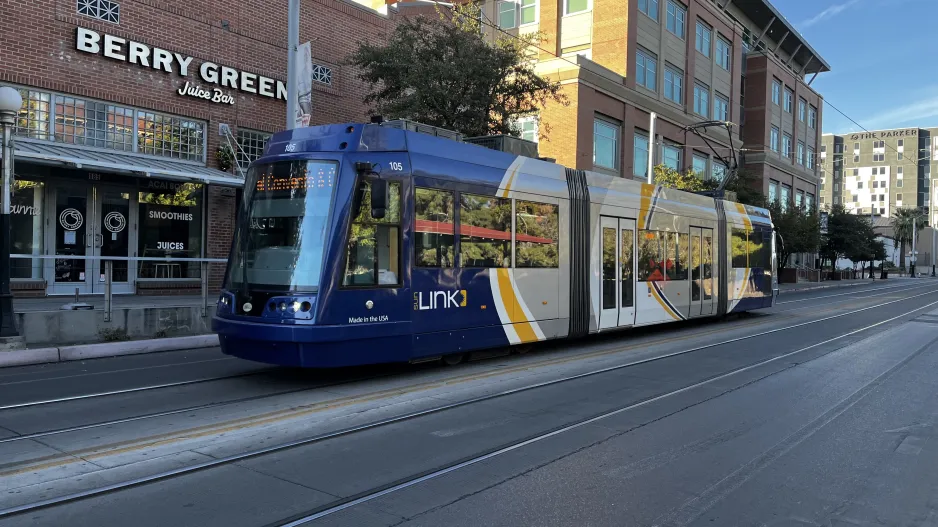Tucson Sun Link with low-floor articulated tram 105 close by University/Tyndall (2024)