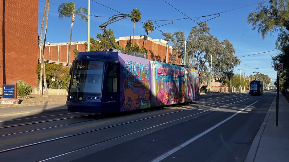 Tucson Sun Link with low-floor articulated tram 107 near 2nd St/Olive Av (2024)