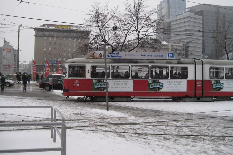 Vienna tram line 2 with articulated tram 4555 near Schwedenplatz (2013)