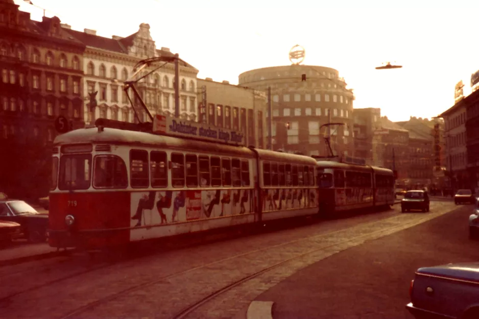 Vienna tram line 5 with articulated tram 719 close by Westbahnhof (1982)