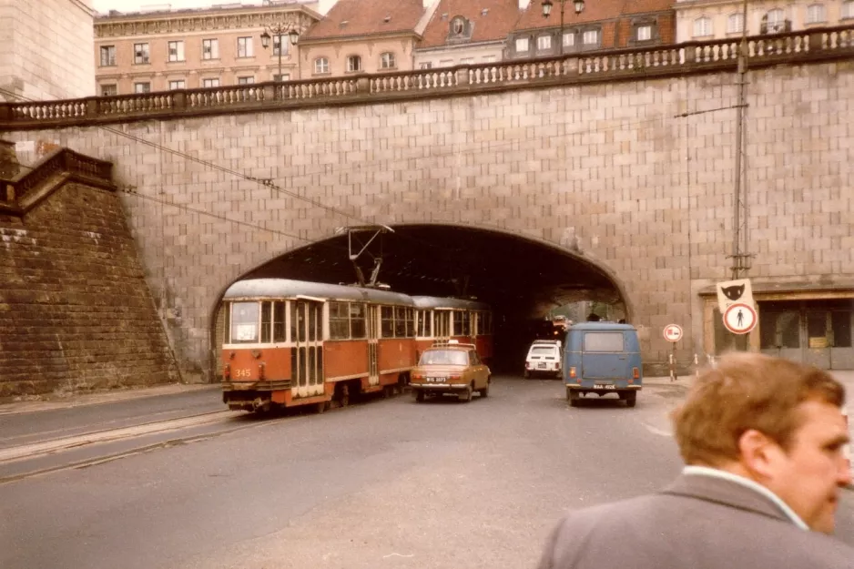 Warsaw tram line 34 with railcar 345 close by Stare Miasto (1984)