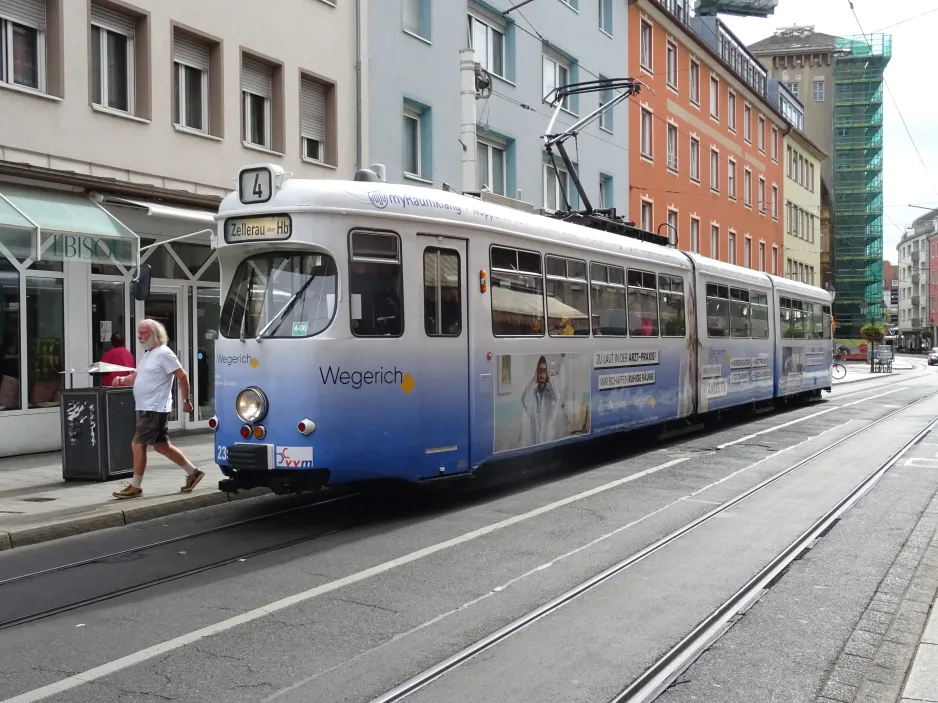 Würzburg tram line 4 with articulated tram 236 at Rathaus (2024)