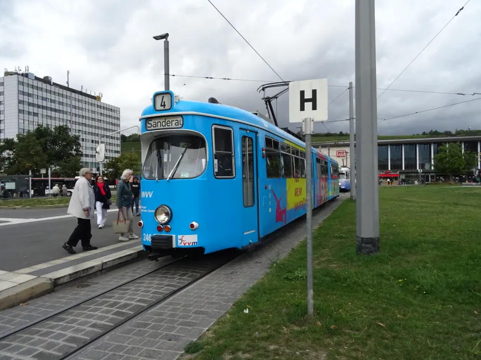 Würzburg tram line 4 with articulated tram 246 at Hauptbahnhof (2024)