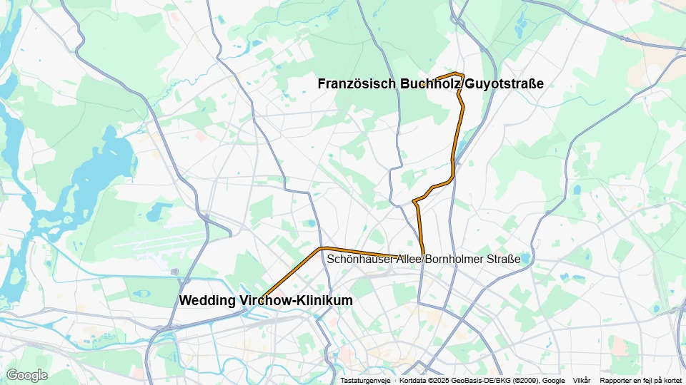 Berlin tram line 50: Wedding Virchow-Klinikum - Französisch Buchholz/Guyotstraße route map