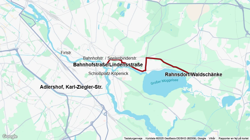 Berlin tram line 61: Bahnhofstraße/Lindensstraße - Rahnsdorf/Waldschänke route map